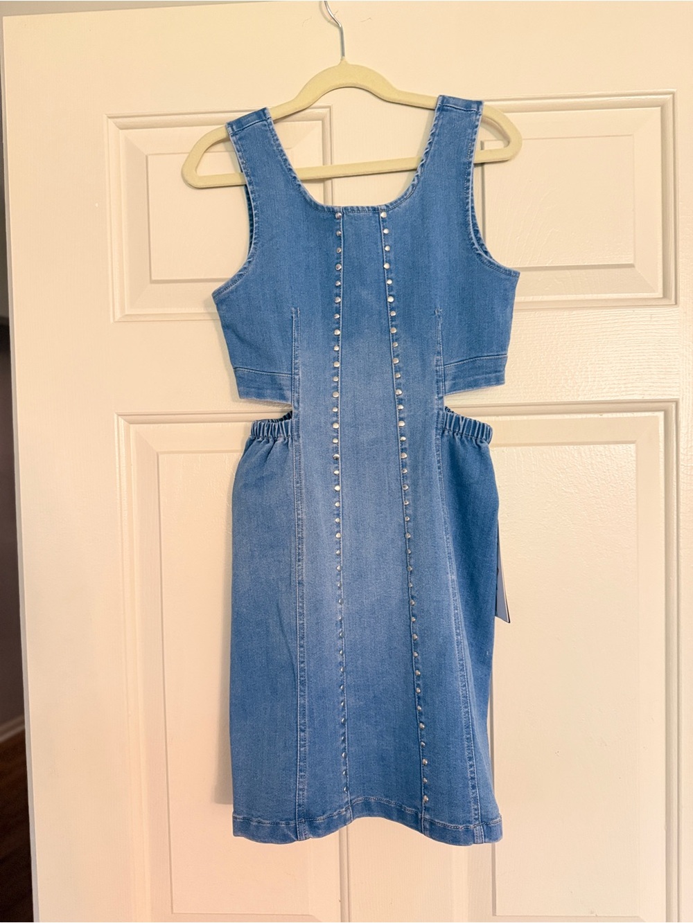 Girls' Blue Denim Cutout Dress with Stud Detail